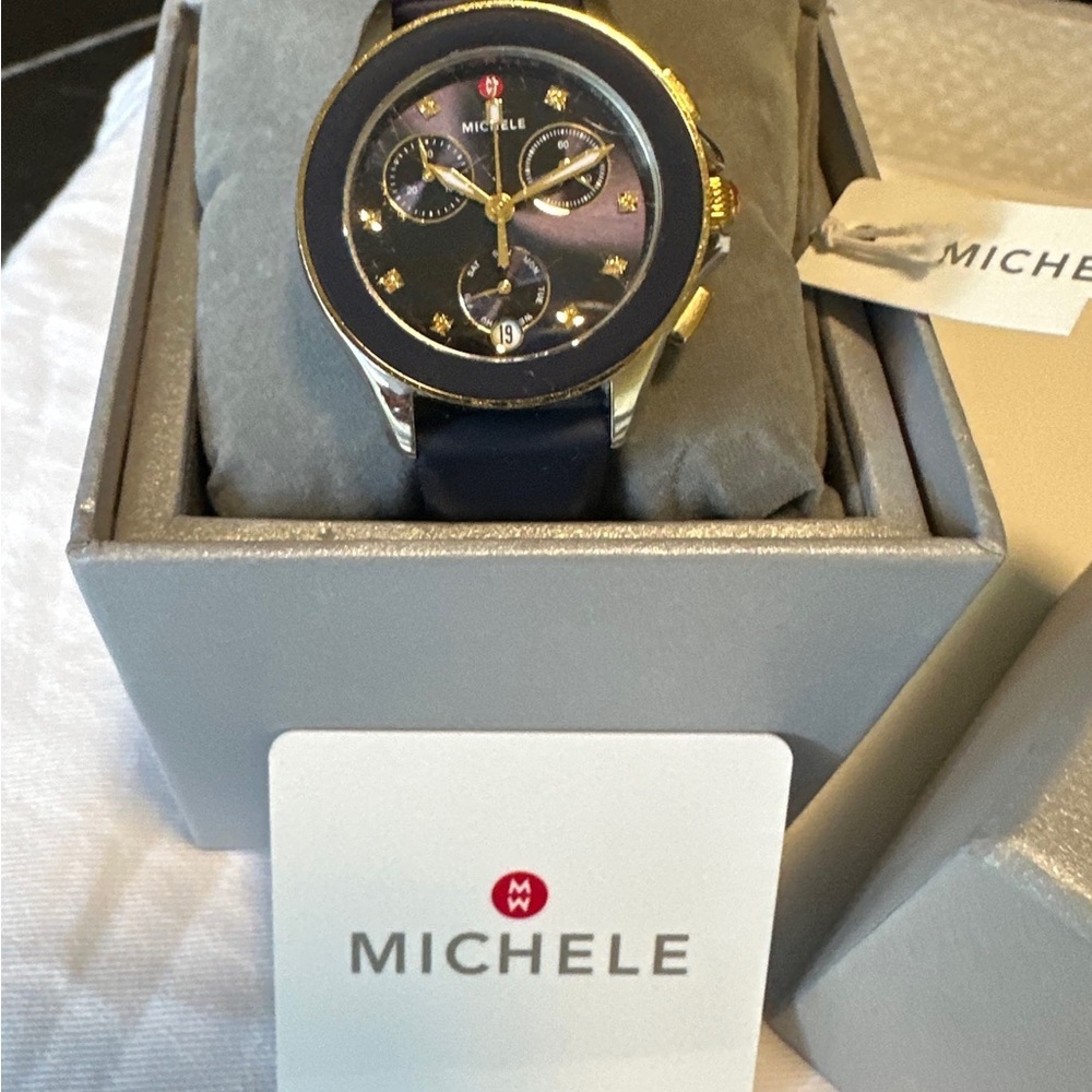 SALE- Michele Cape Chronograph Blue Dial Yellow Topaz Markers FULL SET